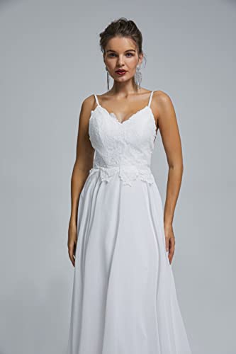 Image of Spaghetti Chiffon Beach Wedding Dress V Neck A line Bridal Gowns Lace Plus Size Wedding Dress