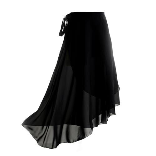 MALSSE Falda de baile transparente para mujer con lazos ajustables en la cintura, color sólido, estilo ballet, larga, asimétrica, sobre bufanda, ropa de baile, Negro, Talla única