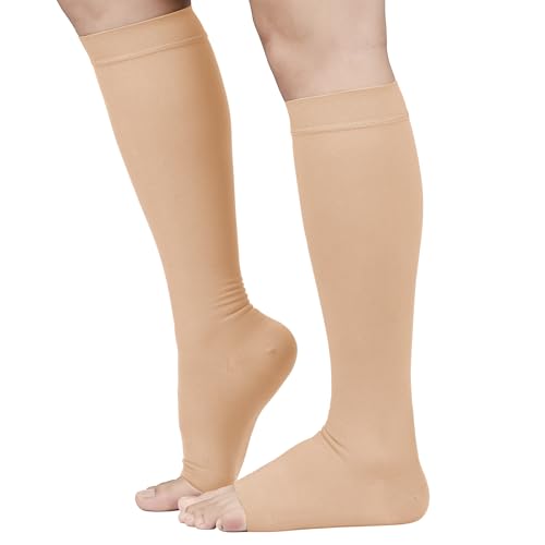 Image of TOFLY 30-40mmHg Medical Graduated Compression Socks for Men & Women, Open Toe Knee High Compression Socks, Firm Support for Circulation Recovery, Shin Splints, Post Thrombotic Syndrome, Beige 3XL