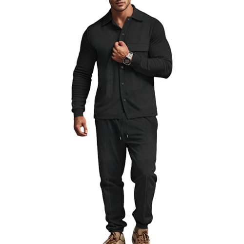 amropi Survêtement Homme Jacquard Ensemble Veste à Bouton et Pantalon Jogging Décontracté Combinaison Noir, M