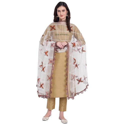Image of ZEN APPAREL Women's Embroidered Net Dupatta with Lace Borders (Z-101) Premium Net Fabric Golden Aari Work