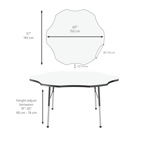 Image of FDP Dry-Erase Flower Activity School and Office Table (60 inch), Standard Legs with Ball Glides for Collaborative Spaces, Adjustable Height 19-30 inches - Whiteboard Top and Black Edge