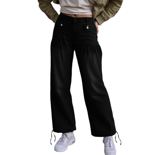 Jeans baggy mi-hauteur pour femme pantalon large plissé à volants décontracté tendance 2026
