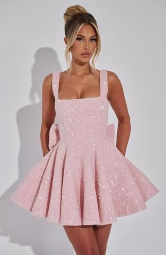Sparkly Sequin Homecoming Dresses 2025 Square Neck Short Graduation Pageant Party Dress with Bow4