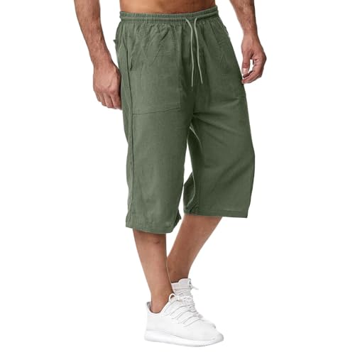 Generisch Cargoshorts Herren 3/4 Leinenhose Sommer Kurze Hosen Casual Leinen-Shorts 7/8 Caprihose Leichte Dreiviertel Hose Sommerhose Jogginghose Sweatshorts Arbeitshose Cargo Bermuda Shorts