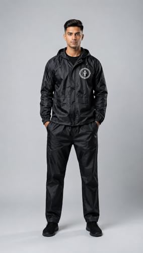 Image of Men Solid Black Waterproof Raincoat Set with Hood | Nylon Blend Jacket and Pants for Rainy Days | Regular Fit