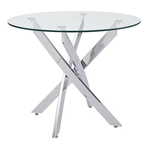 Yahoms 90cm Round Glass Dining Table, Modern Dining Room Table Kitchen Table with Tempered Glass Tabletop Metal Legs Cover