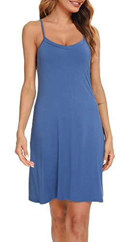 Image of Vlazom Women's Nightdresses Soft Full Slip Petticoat Spaghetti Strap Chemises V Neck Negligee Nightgown, Cobalt Blue, M