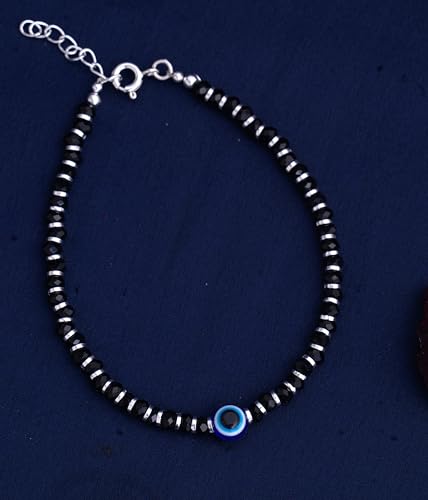 NEMICHAND JEWELS Nazariya with Evil Eye Crystals for Women 92.5% Pure Sterling Silver Bracelet for Women (7 inch + Extension) (Black)