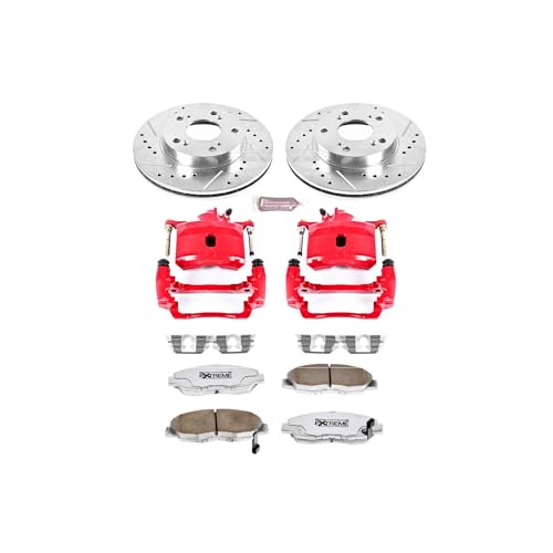 Image of PowerStop Front Brake & Caliper Kit for Honda Civic 2006-11 - Drilled & Slotted Disc Rotors + Carbon-Fiber Ceramic Brake Pads + Red-Powder Coated Calipers, KC2384-26