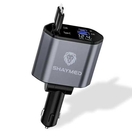 SHAYMED Cargador Coche Retráctil 120W Carga Rápida, Adaptador Mechero Plegable 180° 4 en 1 con 2 Cables (Tipo C y Lightning) y Doble USB, Accesorios compatible con Apple, Samsung, Camper, 12V/24V Gris