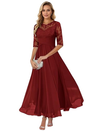 Tea Length Mother of The Bride Dresses for Women Lace Appliques Chiffon Formal Wedding Guest Dress with Sleeves AF067