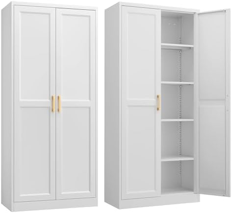 Kitchen Pantry Cabinet,71”White Metal Pantry Storage Cabinet with...