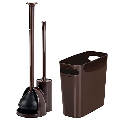 mDesign Compact Freestanding 2-in-1 Plastic Toilet Bowl Brush/Plunger/Trash Wastebasket Garbage Can Combo, Home Bathroom Storage, Sturdy Cleaning Accessories, Aura Collection, Set of 2, Dark Brown
