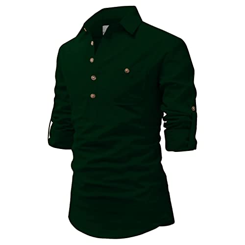 Men Cotton Collar Kurta (Green) - L