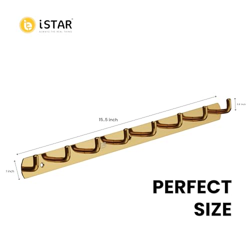 Image of iSTAR Stainless Steel 8 Pin Bathroom Cloth Hooks Hanger Door Bathroom Robe Hooks Rail for Hanging Keys,Clothes,Towel Steel Hook (Gold) (Pack of 1)