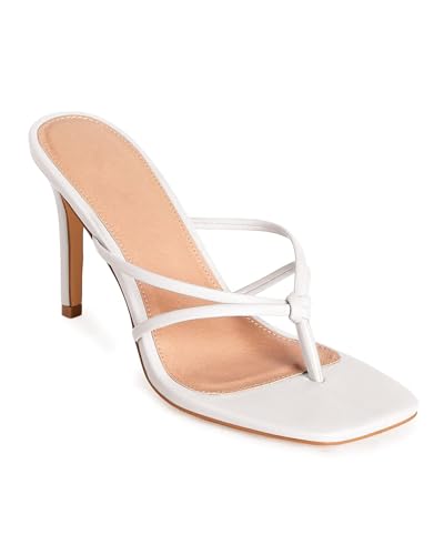 Coutgo Womens Heeled Sandals Strappy Square Toe Flip Flops Fashion Thong Slip on Stiletto Sandals, White, Size 9