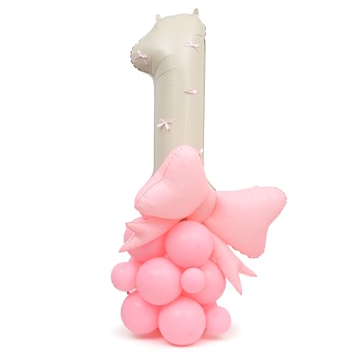 Image of Bowknot First Birthday Balloon Decoration Kits, 40-Inch Pink Bow1st Birthday Foil Party Balloon,Coqutte Theme Centerpiece One Year Girls Baby Shower