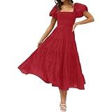 YOKNETIG Vestido Largo de Verano para Mujer,Dress Casual con Cuello Cuadrado,Vestidos de Playa-Diseño de Manga Burbuja...