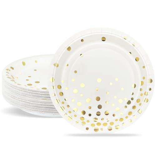 ZVK Assiettes de Fête 23cm Blanc avec Paillettes Dorées, Vaisselle Jetable en Carton pour Baptême, Anniversaire, Mariage (24 Pièces)