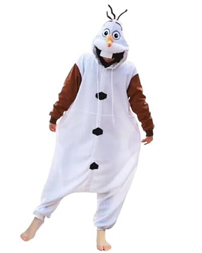 Koongso Unisex Erwachsene Olaf Onesie Kostüm Cartoon Schneemann Einteiler Fleece Pyjama Tier Halloween Weihnachten Party Pjs Nachtwäsche Union Anzug für Männer Frauen weiß S
