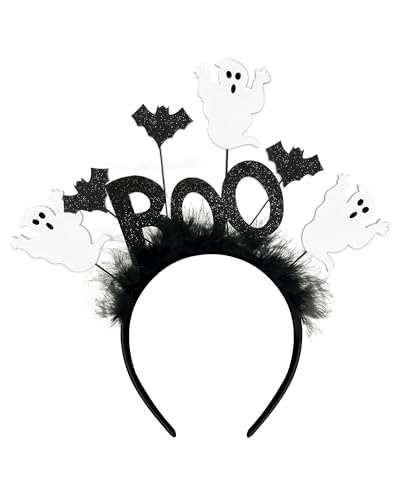 Dkomekii Halloween Ghost Boo Headband with Feathers Bats for Halloween Cosplay Party Women Gril