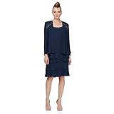 S.L. Fashions Women's Regular Mother of The Bride Tiered Jacket Dress with Shoulder Embellishment, Navy, 16