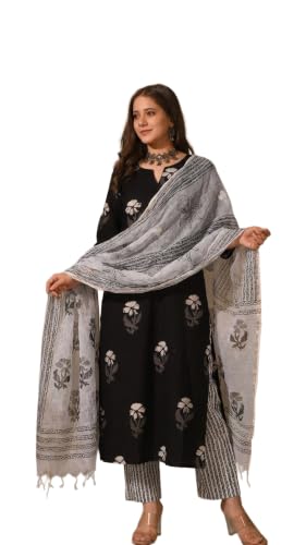 Image of Royal Export Women Floral Printed Black Straight Salwar Suit Set || Kurta Sets for Woman | Kurta Trouser Sets| Ethnic Set, Casual, Office Wear Kurta Set |Black