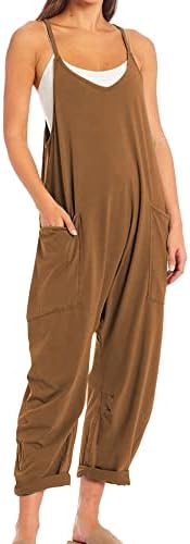 SeeLuNa Womens Casual Sleeveless Jumpsuits V-Neck Spaghetti Strap Wide Leg Romper Overalls Jumpsuit with Pockets(Brown,S)