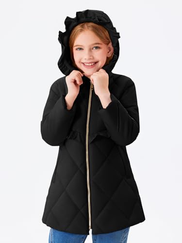 Haloumoning Girls Winter Coats Warm Hoodie Puffer Jacket Quilted Ruffle Fleece Coat 4-14 Years3