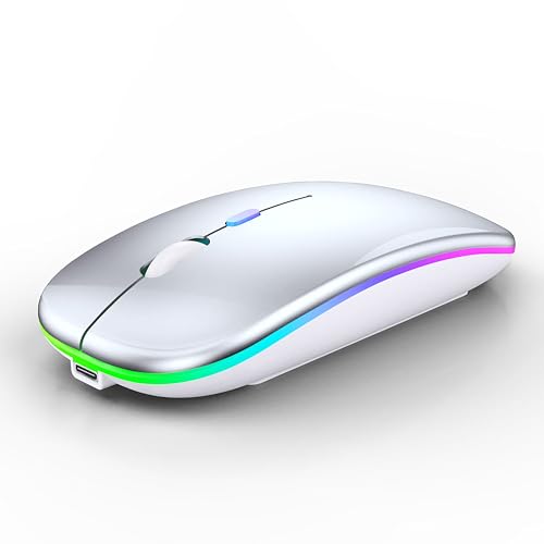 Image of WREANU Wireless Bluetooth Mouse, Rechargeable Laptop Mice, Silver | LED Lights, Dual Mode(BT5.2 & 2.4G Portable USB Receiver) Silent Slim Computer Mouse for Laptop /iPad /Tablet /Computer /Mac