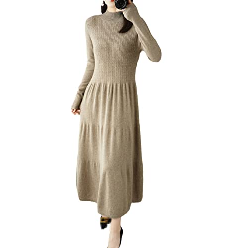 Robe longue en laine tricotée de qualité premium couleur khaki taille L pour femme chic