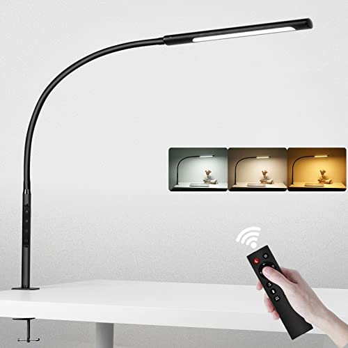 Eyocean LED Augenschutz Schreibtischlampe, Verstellbarer Schwanenhals Klemmleuchte, Einstellbare Dimmen & Farbtemperaturen, Berührungssteuerung Büro Tischlampe mit Fernbedienung, 12W, Mattschwarz