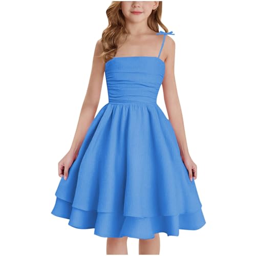 Lmdudan 8-14 Years Girls Dresses 2025 Summer Spaghetti Strap Flowy Dress Teens Kids Casual Ruched Smocked A Line Sundress