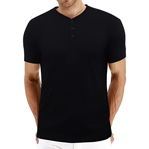 UDOIGI Henley Shirts for Men Slim Fit Short Sleeve Basic Cotton Casual T-Shirts, Black, L