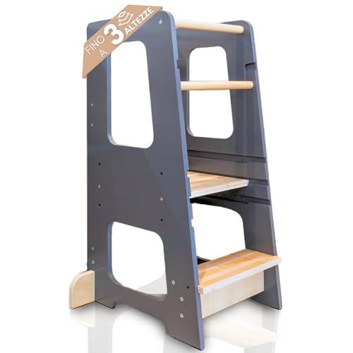 KYWAI ® Torre Montessoriana bambini in Legno - Torretta Montessoriana - Torre Montessori - Scaletta Bambini - Learning Tower - Scaletta Montessori per bambini (Grigio)