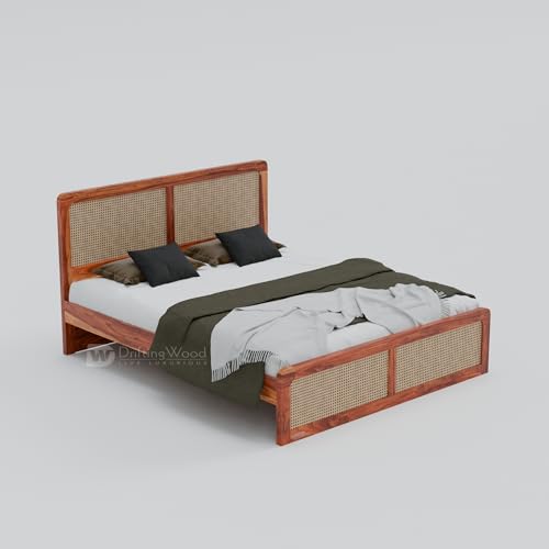 Image of DRIFTINGWOOD Camber Solid Sheesham Wood King Size Bed Without Storage | Rattan Cane Headboard & Footboard | Curved Edges | Honey Finish (Self Assembly Required)