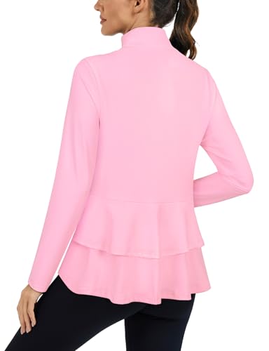 LURANEE Womens Golf Jacket Golf Athletic Jackets with Pleated Tennis Skirt Hem Lightweight Full Zip Long Sleeve Shirts with Pockets Pink XL