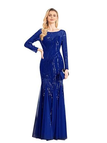 Image of Long Sleeve Sequin Evening Dress Glitter Mermaid Long Gown for Mother of The Bride Or Wedding Guest