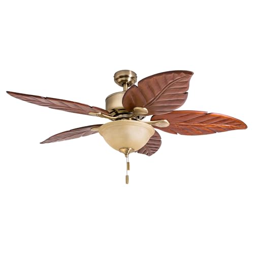 Honeywell Ceiling Fans Royal Palm, 52 Inch Tropical LED Ceiling Fan with Light, Pull Chain, Three Mounting Options, Hand Carved Solid Wood Blades - 50500-01 (Aged Brass)