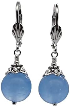 Blue Jade Earrings for Women Round Dangles Silver Plated Leverbacks Handmade Jewelry in Gift Box