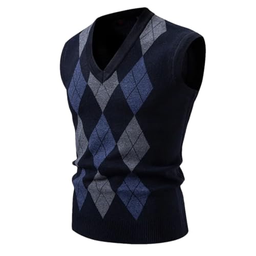 Mens Argyle Knitwear Vest V Neck Sleeveless Casual Slim Fit Knitted Pullover Outdoor Streetwear Casual Tops