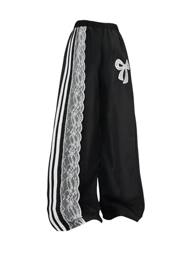 Verdusa Girl's Bow Side Striped Lace Baggy Sweatpants Elastic Waist Cute Wide Leg Loose Long Pants