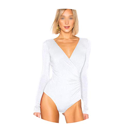 Women Bodysuit Thong Surplice Ruched Deep V Neck Long Sleeve Tops Sexy Jumpsuits,White,XL