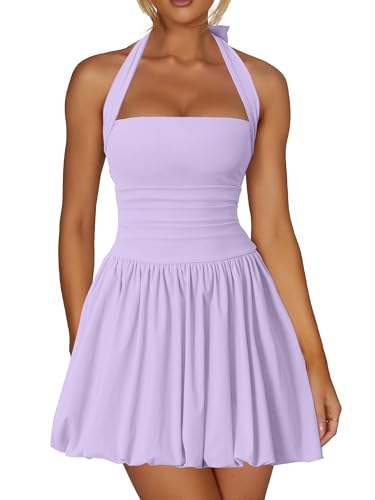 Kaximil Women's Sexy Halter Corset Mini Dress Bubble Ruched Waist Club Party Dresses with Built-in Shorts