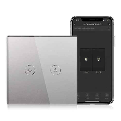 BSEED Interrupteur de Capteur Tactile WIFI Intelligent (Ligne Neutre Requise) Alexa et Google Home Work avec Tuya Pour La Décoration de Bureau 2 Gang 1 Way Gris Cover