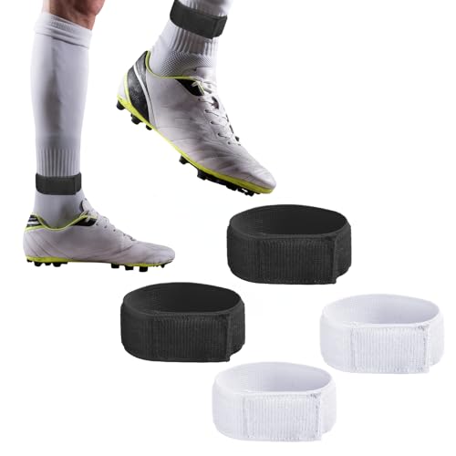 4 Piece Soccer Shin Guard Strap Elastic Football Shin Guard Holders Sleeves Anti Slip Sports Football Legging Shin Fixed Straps for Kicking Ball Running Cycling(Black, White)