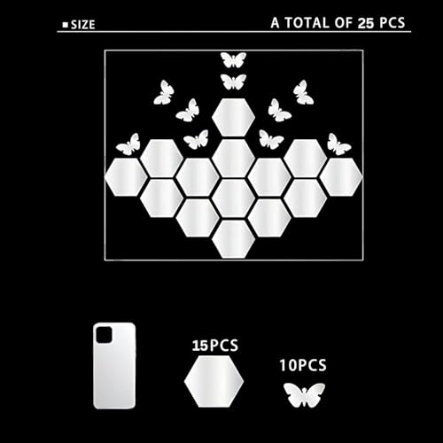 Image of 25-Piece Hexagon & Butterfly Mirror Wall Stickers - 15 Hexagons + 10 Butterflies, Acrylic Decorative Stickers for Hall, Bedroom, Kitchen, Color- Silver