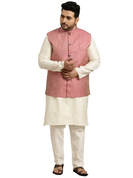 Sojanya Men's Silk Blend Cream Kurta & Silk Blend Nehrujacket With Off White Churidar Pyjama Set