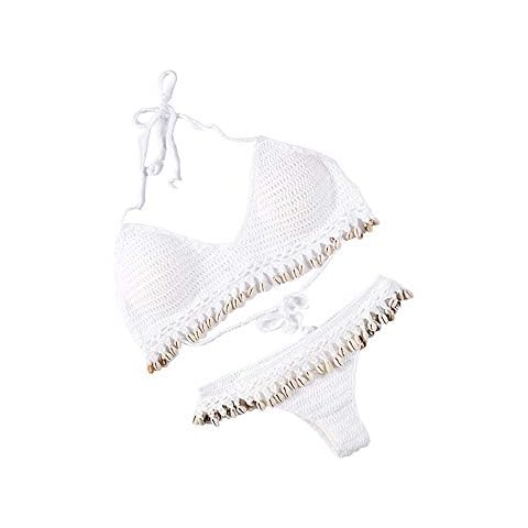 Women Two Pieces Swimwear Swimsuit Sexy Vintage Knitted, Bathing Suit Swimsuit Biquini Thong Bikini. (CU2) - white - Large Cover